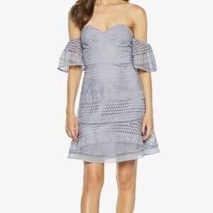 Bardot Lucille Lace dress in dusty blue off the shoulder sleeves size 8/M